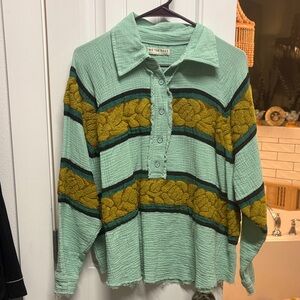 We The Free Mint Green Collared Button-Up Sweater with Olive Stripes